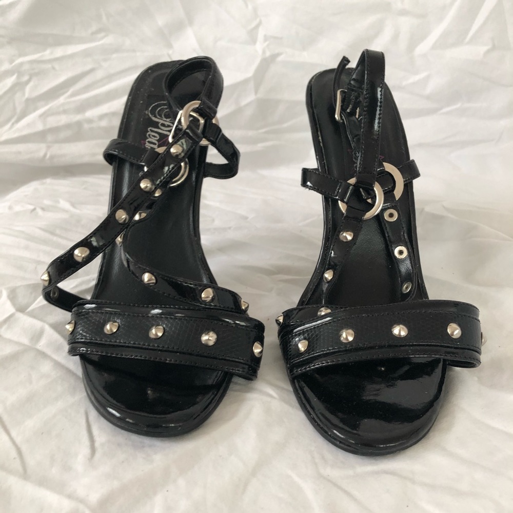 Pleaser Black Strappy Studded Patent Leather Heels - Picture 2 of 8